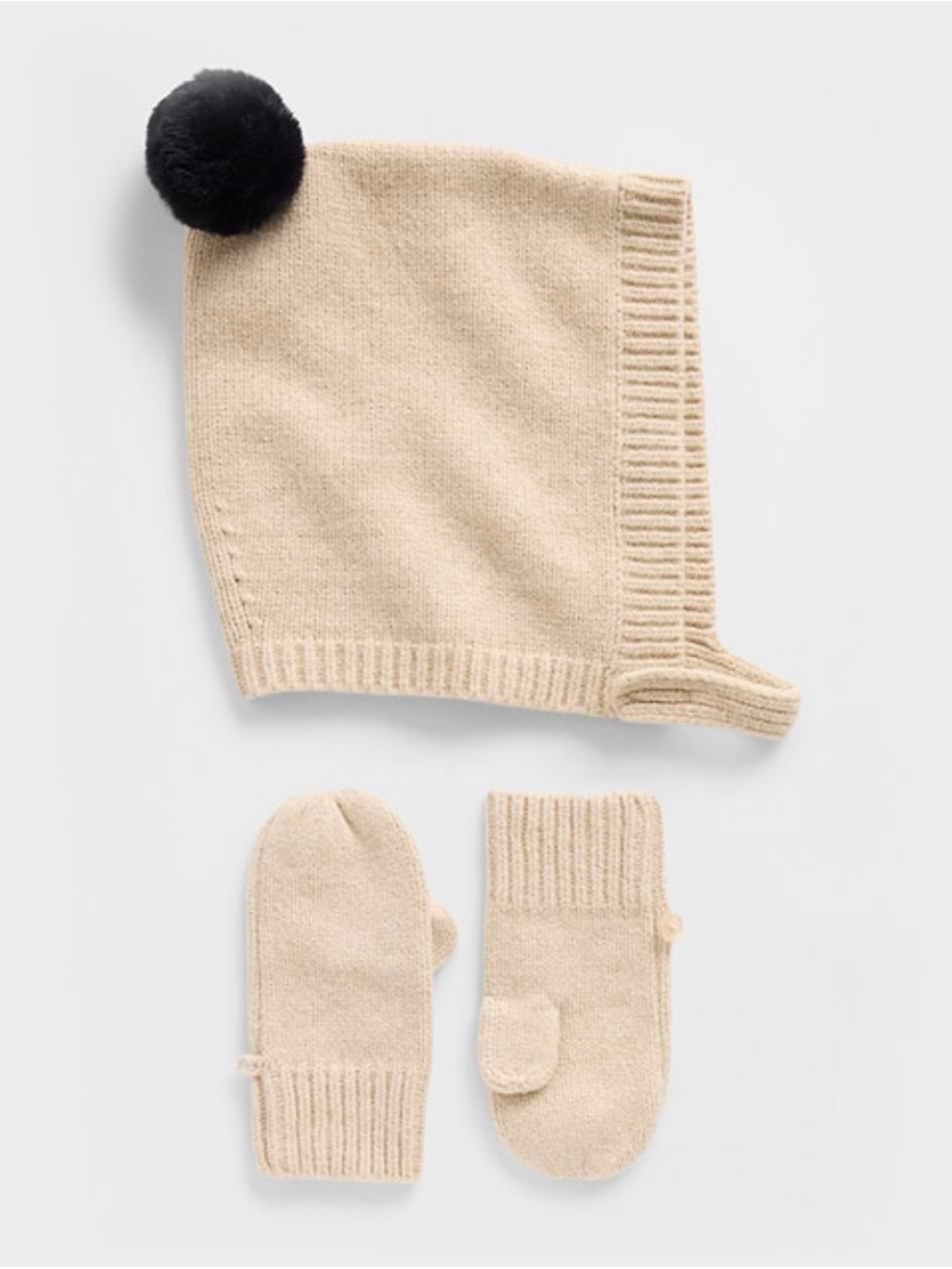 BNWT BABY GAP CASHSOFT POM HAT & MITTENS SET OATMEAL HEATHER SIZE 12-24 MONTHS